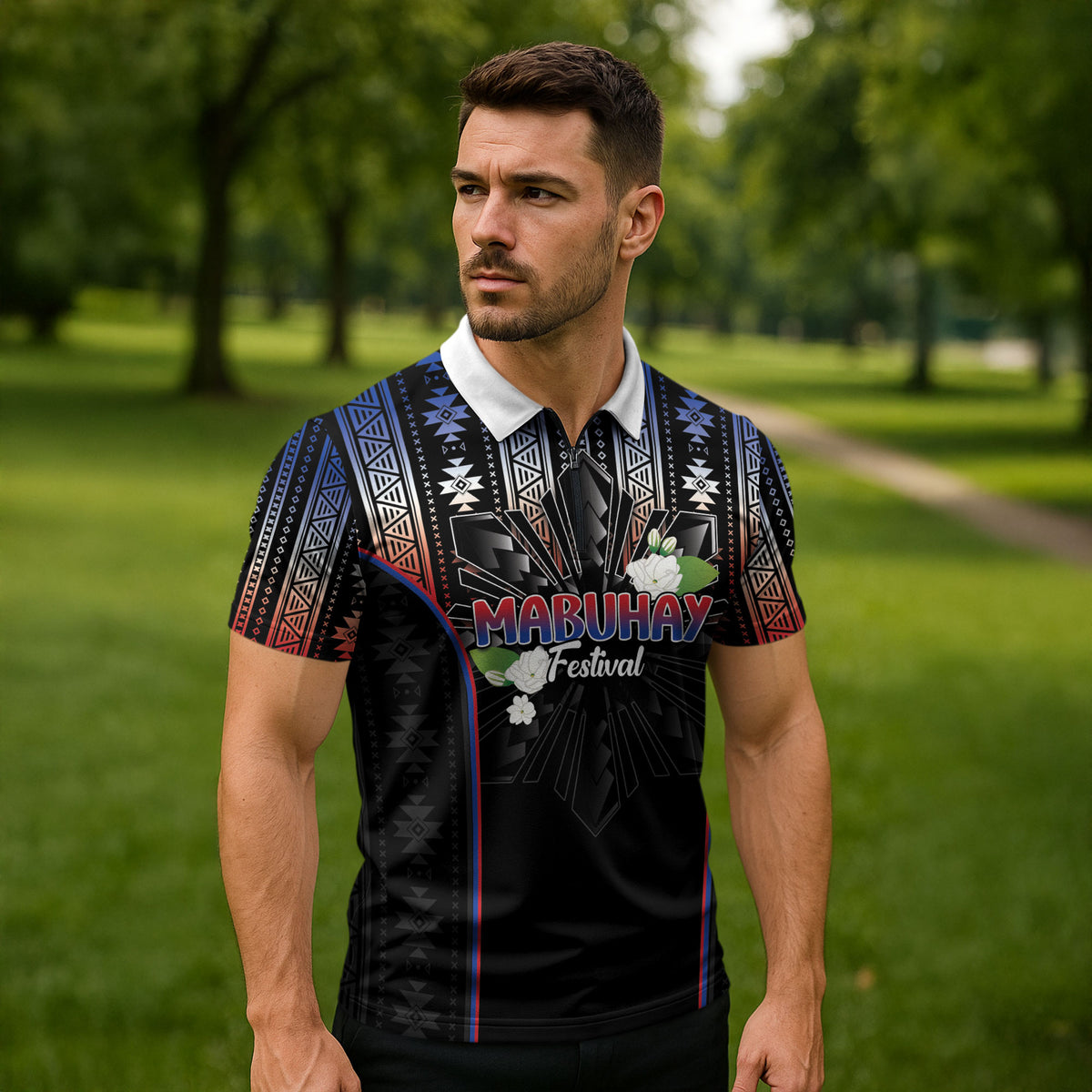 Mabuhay Philippines Festival Zipper Polo Shirt Filipino Map Sampaguita Igorot Pattern LT14 - Polynesian Pride