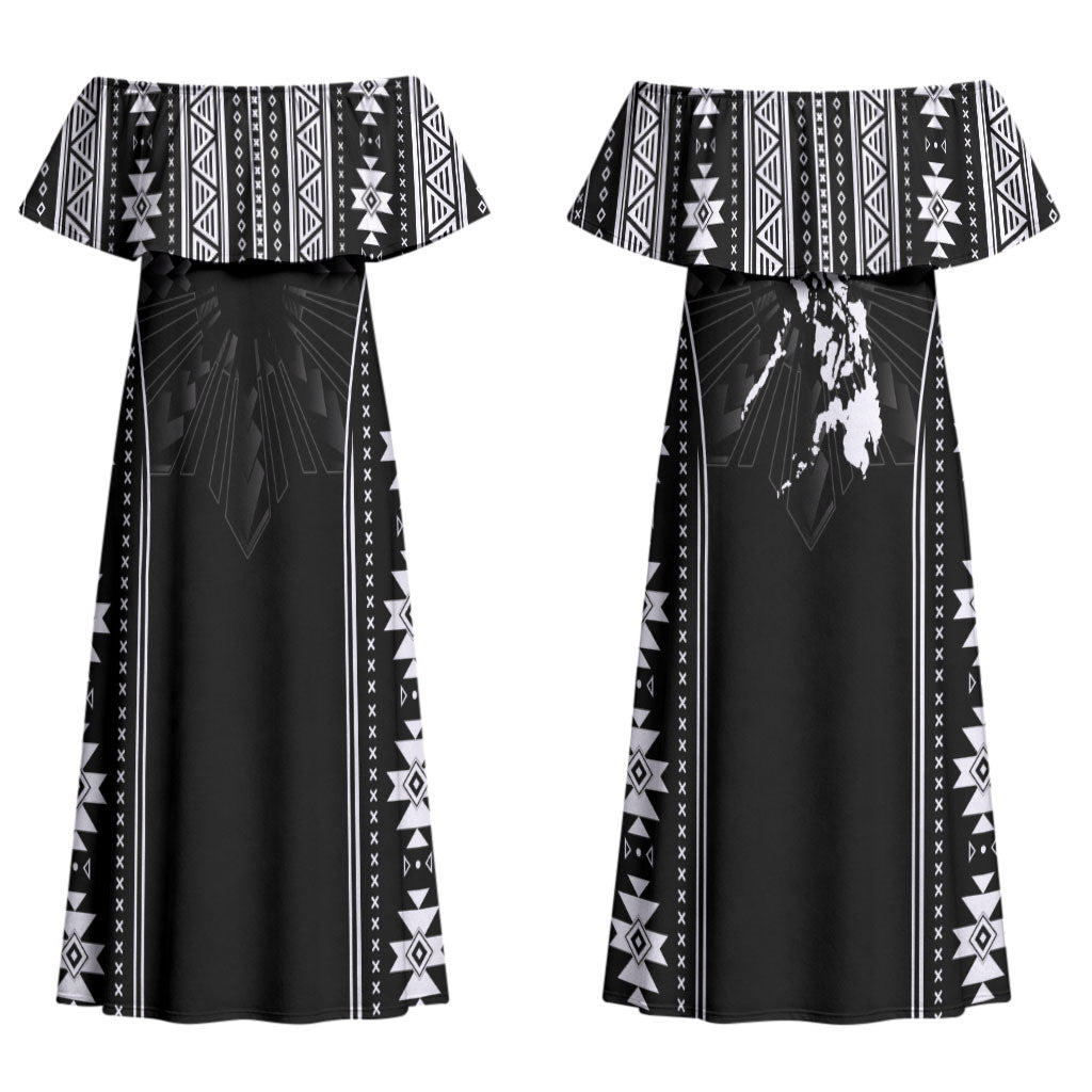 Mabuhay Philippines Festival Couples Matching Off Shoulder Maxi Dress and Long Sleeve Button Shirt Filipino Map Black White Igorot Pattern LT14 - Polynesian Pride