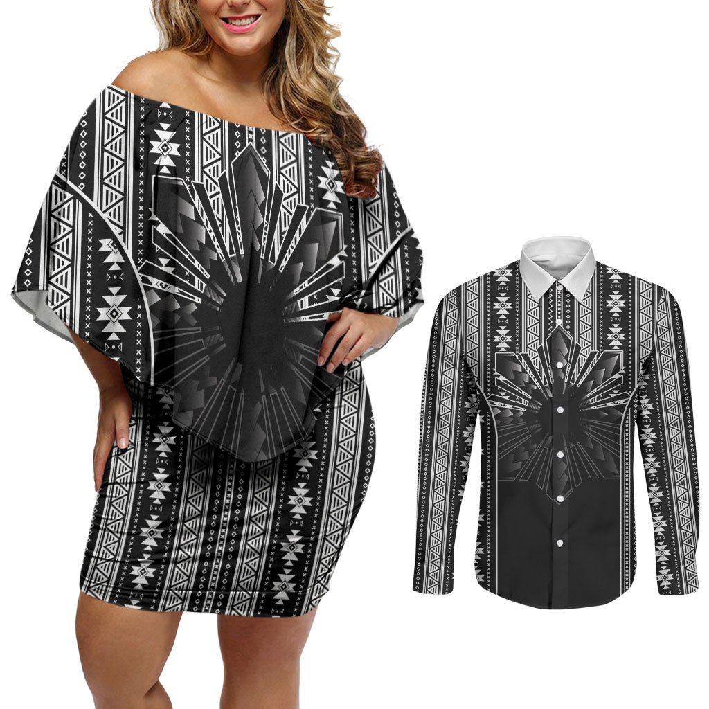 Mabuhay Philippines Festival Couples Matching Off Shoulder Short Dress and Long Sleeve Button Shirt Filipino Map Black White Igorot Pattern LT14 Black - Polynesian Pride