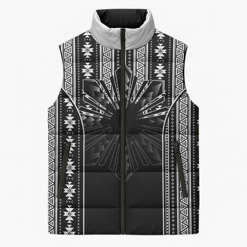 Mabuhay Philippines Festival Sleeveless Puffer Jacket Filipino Map Black White Igorot Pattern LT14 Unisex Black - Polynesian Pride