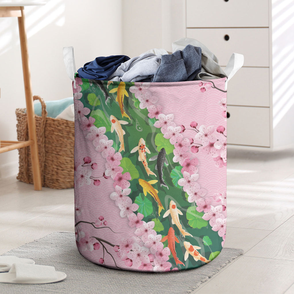 Koi Fish Sakura Japan Laundry Basket Eternal Flow Cherry Blossom Seigaiha Pattern