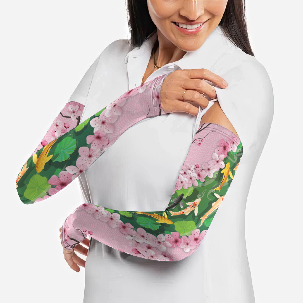 Koi Fish Sakura Japan Arm Sleeves Eternal Flow Cherry Blossom Seigaiha Pattern