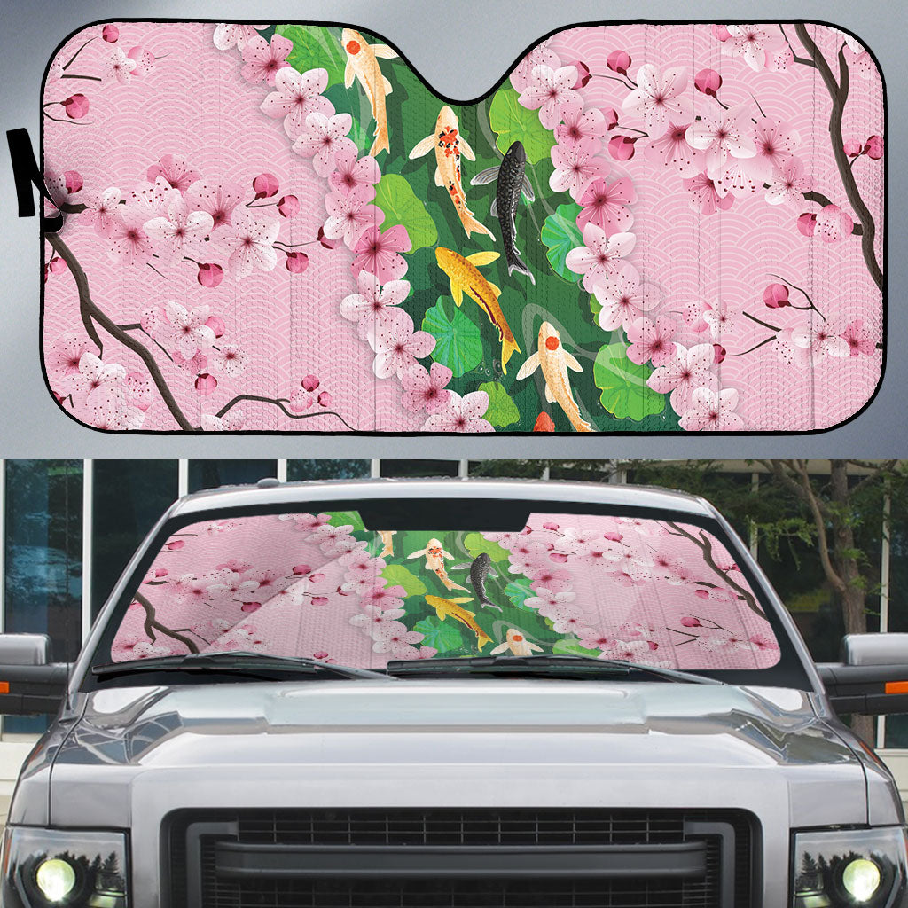 Koi Fish Sakura Japan Auto Sun Shade Eternal Flow Cherry Blossom Seigaiha Pattern