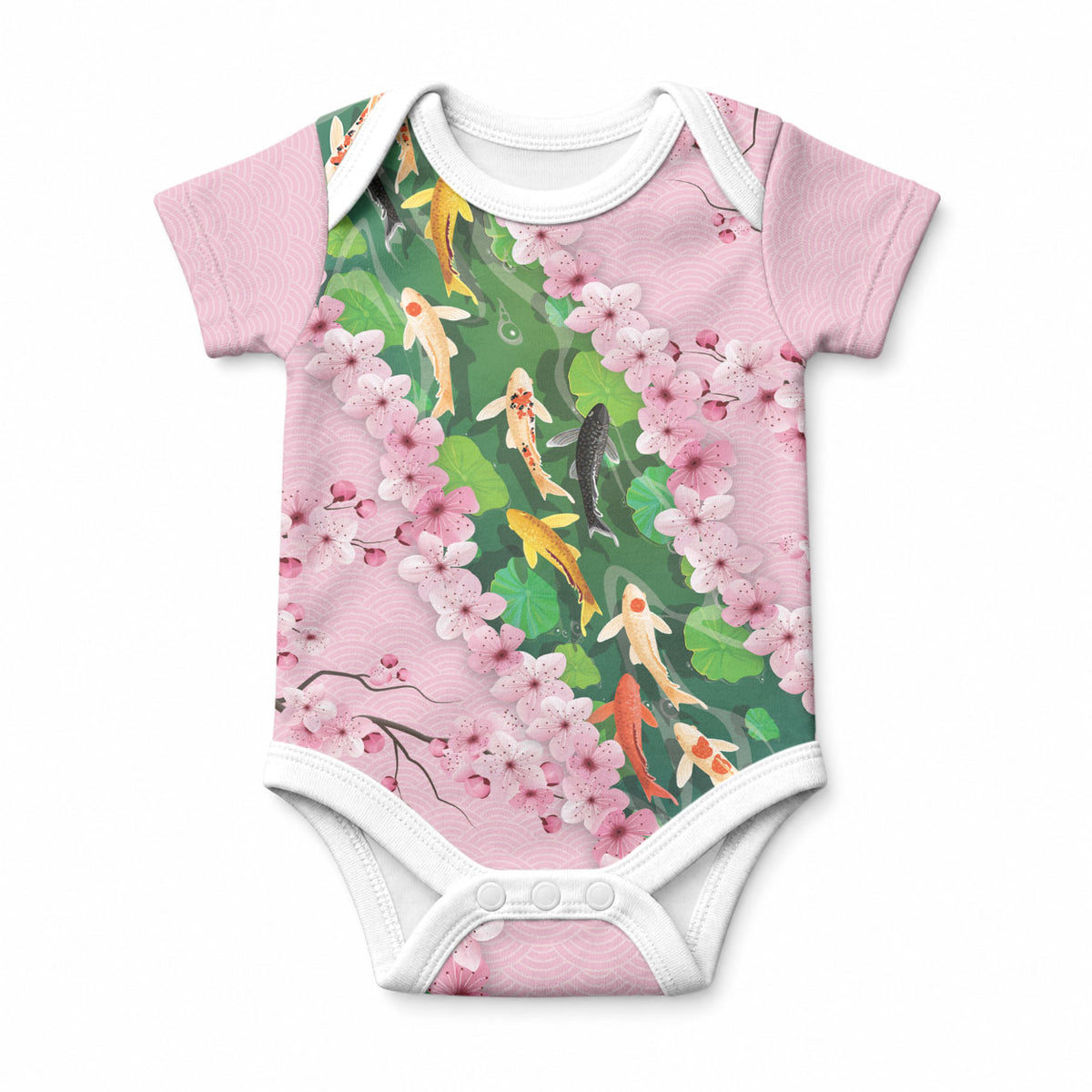Koi Fish Sakura Japan Baby Onesie Eternal Flow Cherry Blossom Seigaiha Pattern