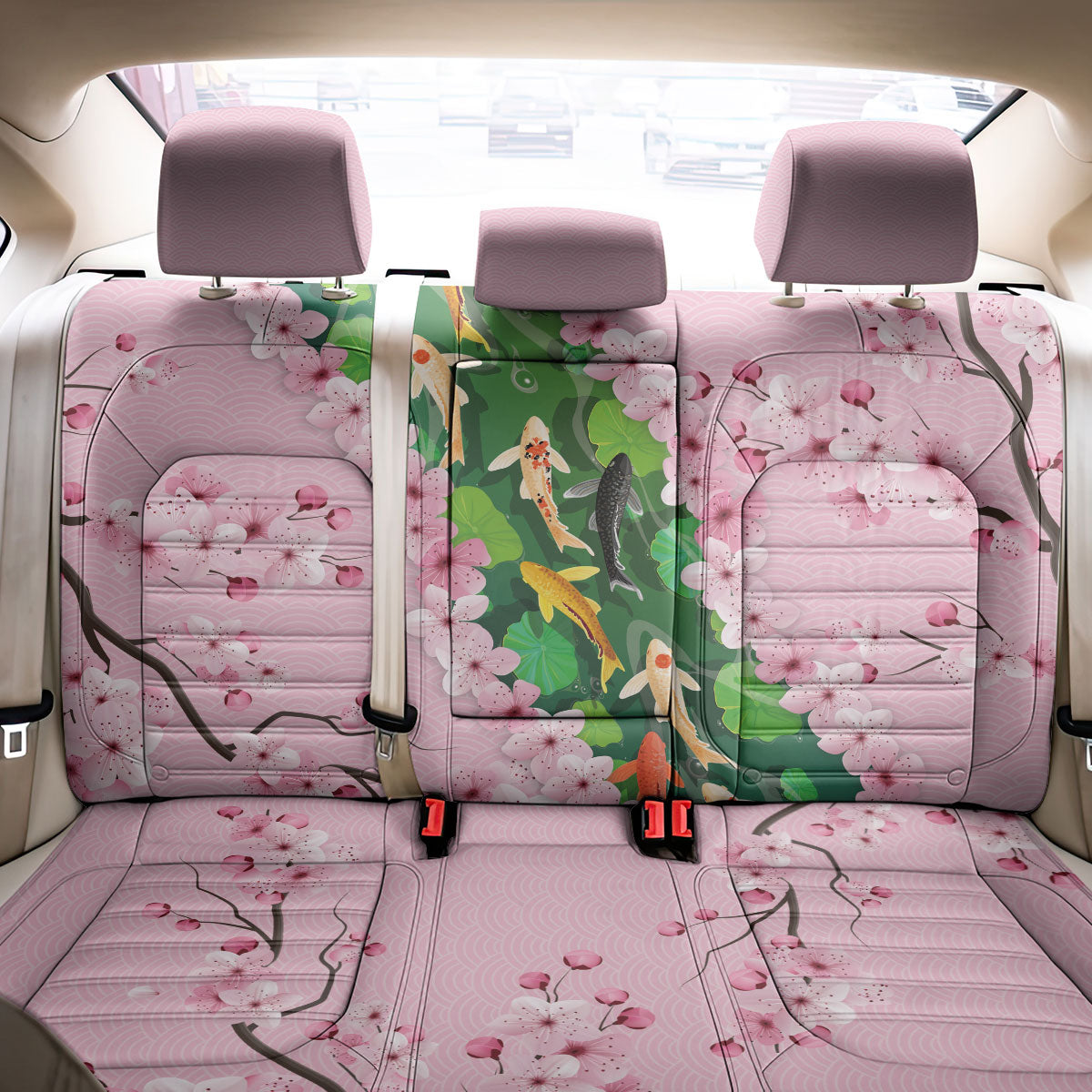 Koi Fish Sakura Japan Back Car Seat Cover Eternal Flow Cherry Blossom Seigaiha Pattern