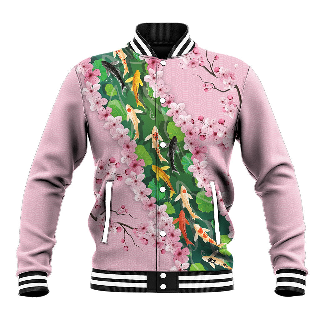 Koi Fish Sakura Japan Baseball Jacket Eternal Flow Cherry Blossom Seigaiha Pattern