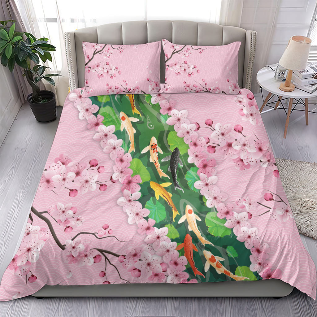 Koi Fish Sakura Japan Bedding Set Eternal Flow Cherry Blossom Seigaiha Pattern