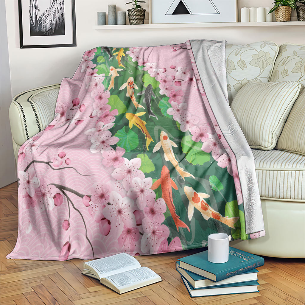 Koi Fish Sakura Japan Blanket Eternal Flow Cherry Blossom Seigaiha Pattern