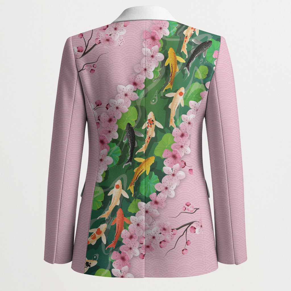 Koi Fish Sakura Japan Blazer Eternal Flow Cherry Blossom Seigaiha Pattern