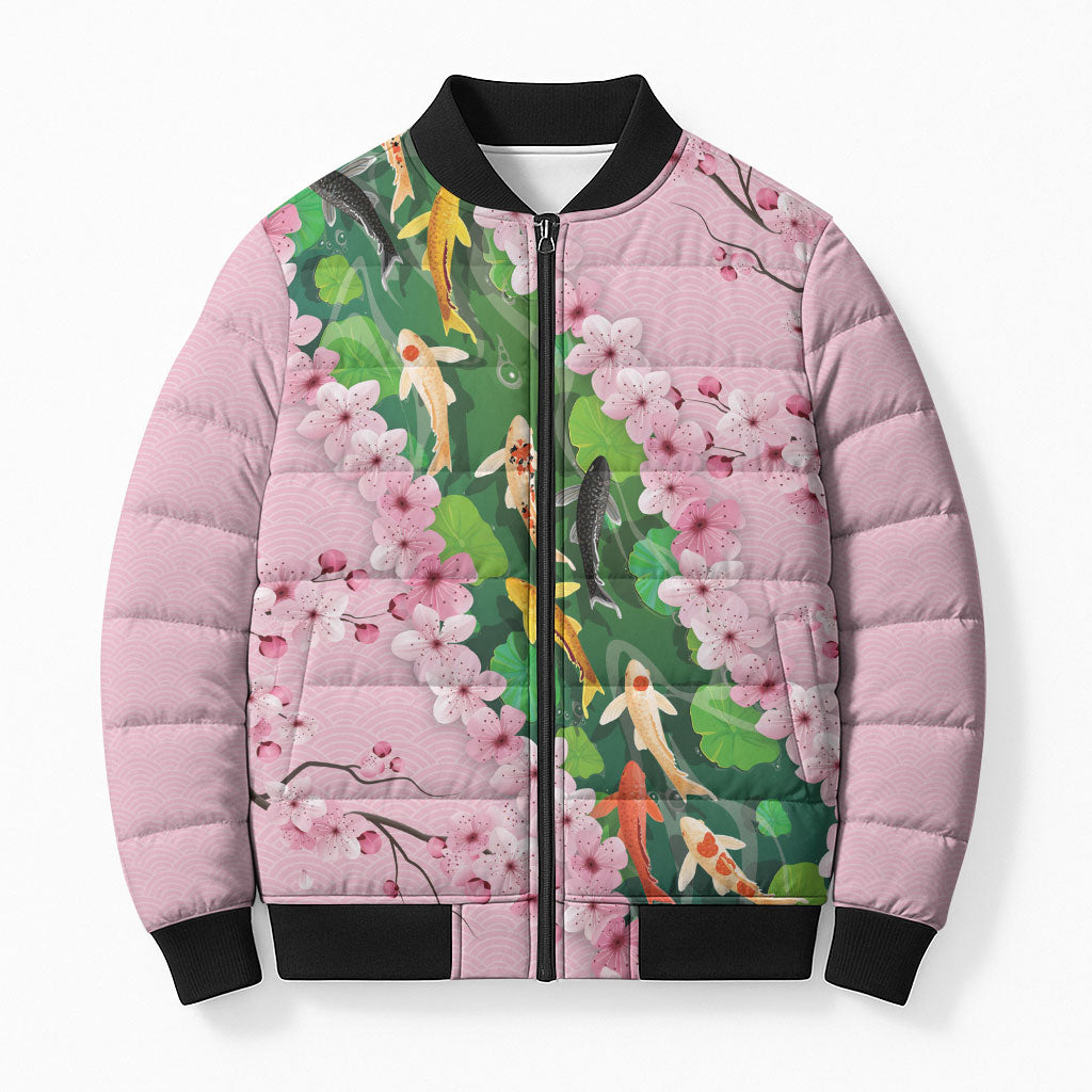 Koi Fish Sakura Japan Bomber Puffer Jacket Eternal Flow Cherry Blossom Seigaiha Pattern