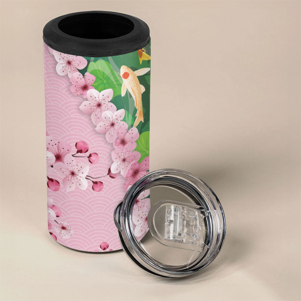 Koi Fish Sakura Japan 4 in 1 Can Cooler Tumbler Eternal Flow Cherry Blossom Seigaiha Pattern