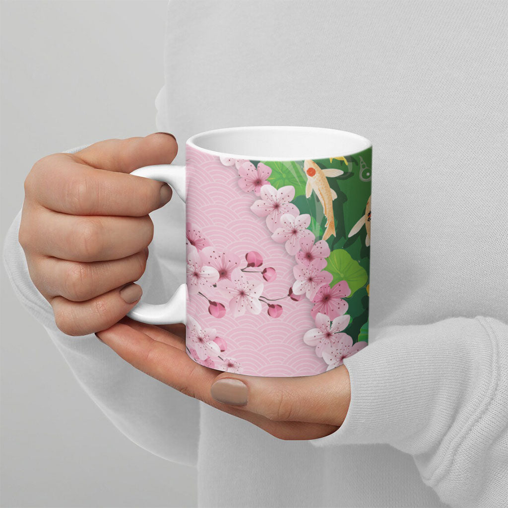 Koi Fish Sakura Japan Ceramic Mug Eternal Flow Cherry Blossom Seigaiha Pattern