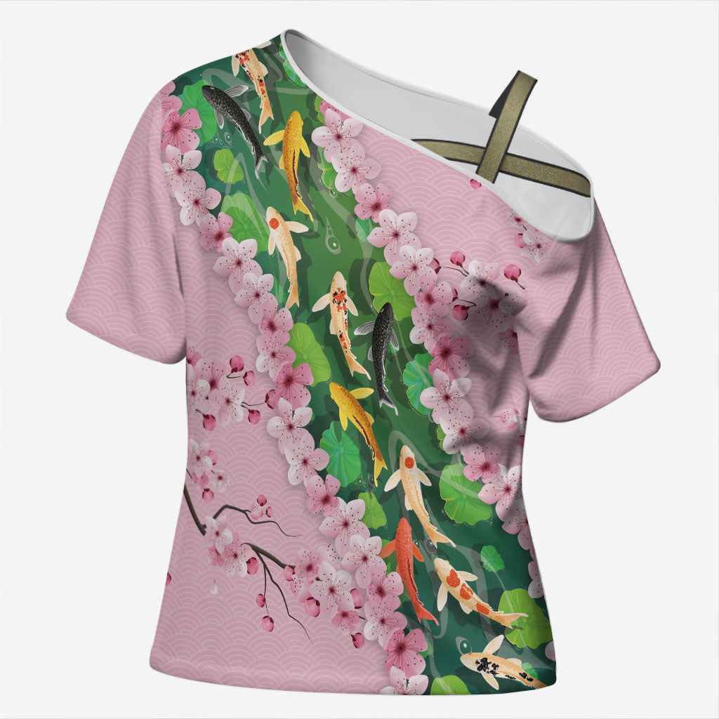Koi Fish Sakura Japan Cross Shoulder Shirt Eternal Flow Cherry Blossom Seigaiha Pattern