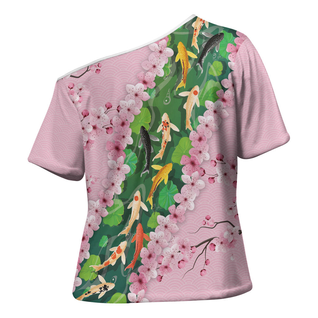 Koi Fish Sakura Japan Cross Shoulder Shirt Eternal Flow Cherry Blossom Seigaiha Pattern