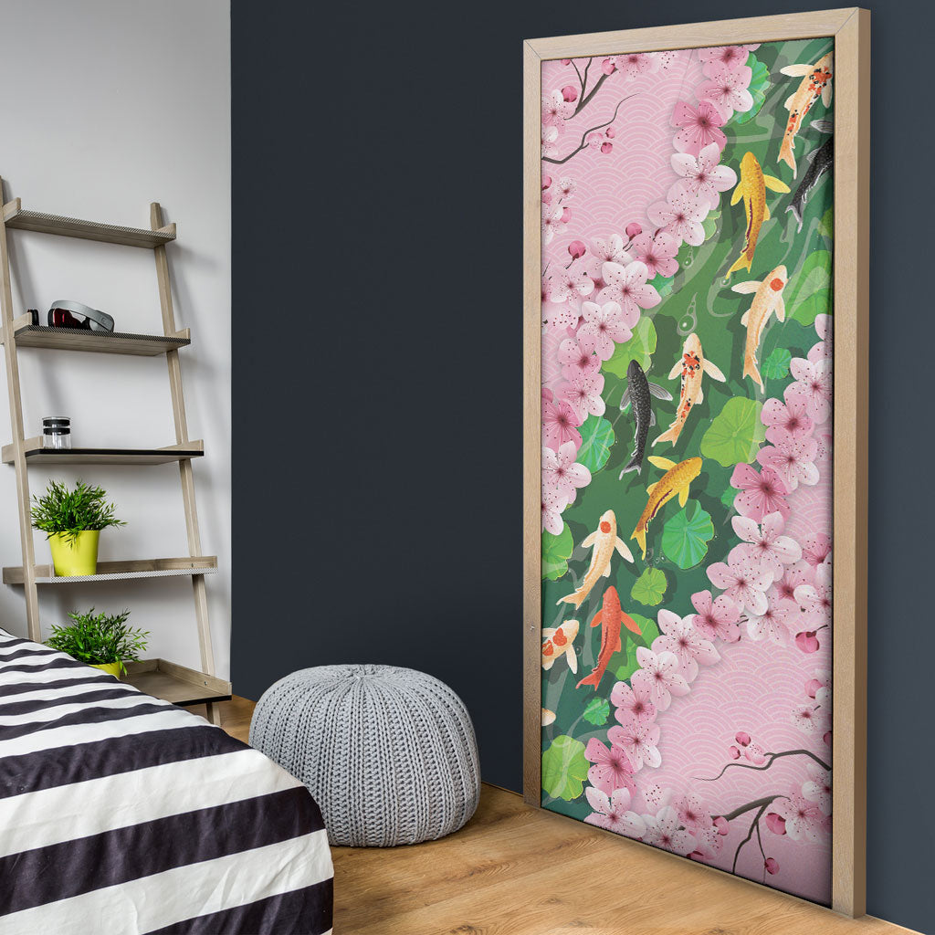 Koi Fish Sakura Japan Door Cover Eternal Flow Cherry Blossom Seigaiha Pattern