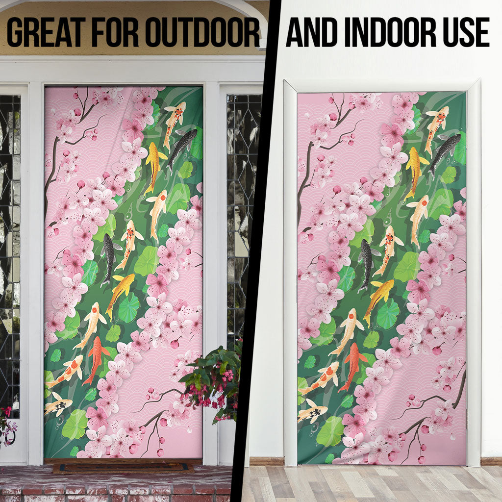 Koi Fish Sakura Japan Door Cover Eternal Flow Cherry Blossom Seigaiha Pattern