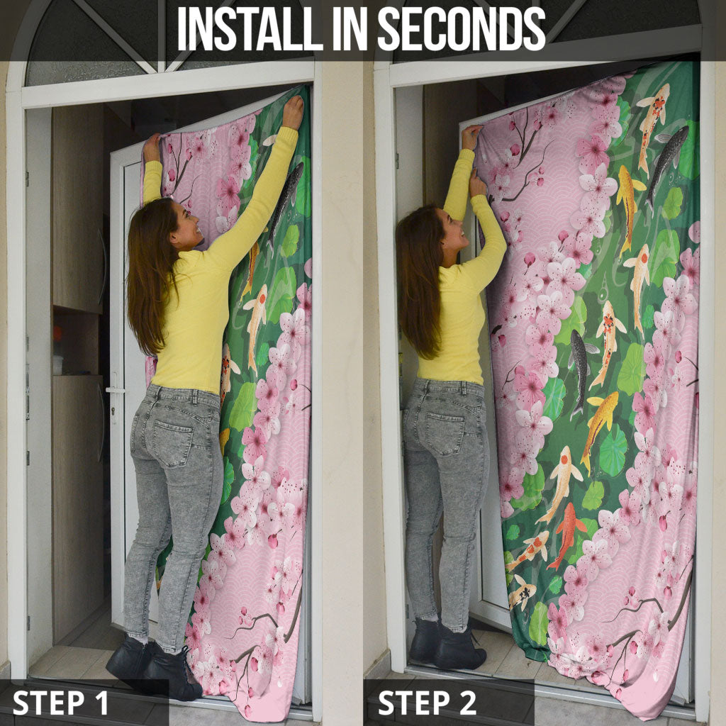 Koi Fish Sakura Japan Door Cover Eternal Flow Cherry Blossom Seigaiha Pattern
