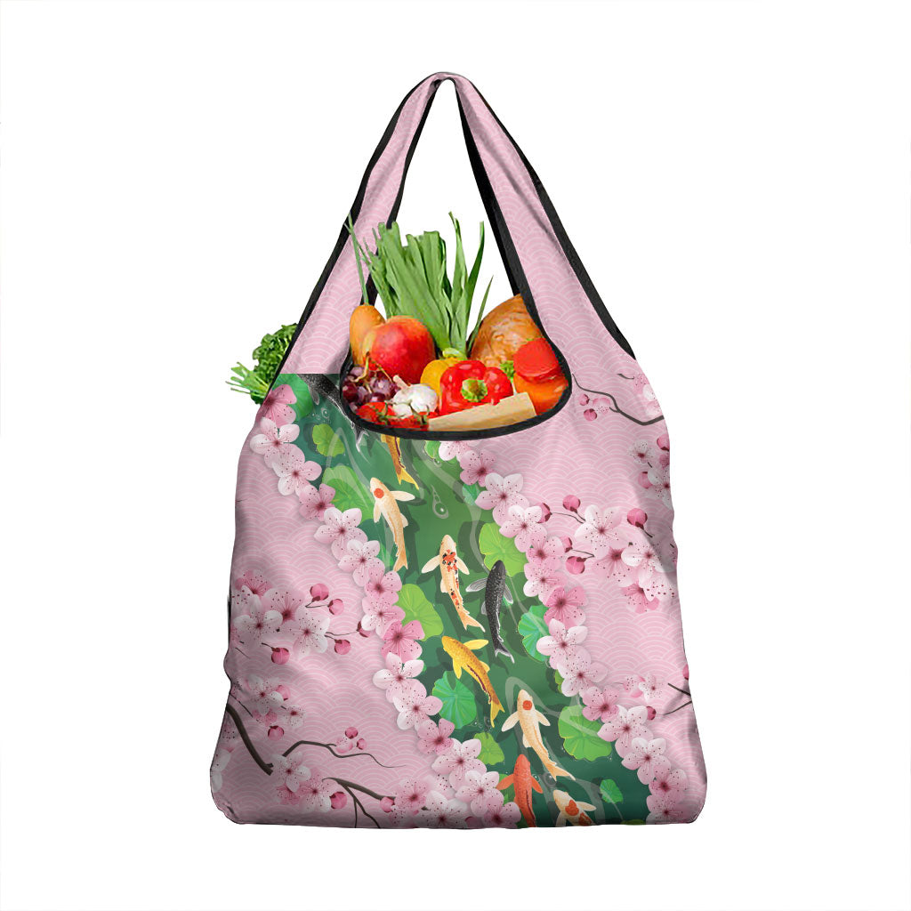 Koi Fish Sakura Japan Grocery Bag Eternal Flow Cherry Blossom Seigaiha Pattern