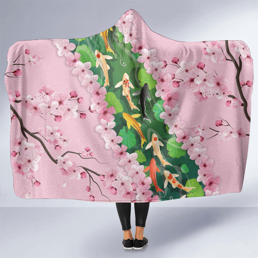 Koi Fish Sakura Japan Hooded Blanket Eternal Flow Cherry Blossom Seigaiha Pattern