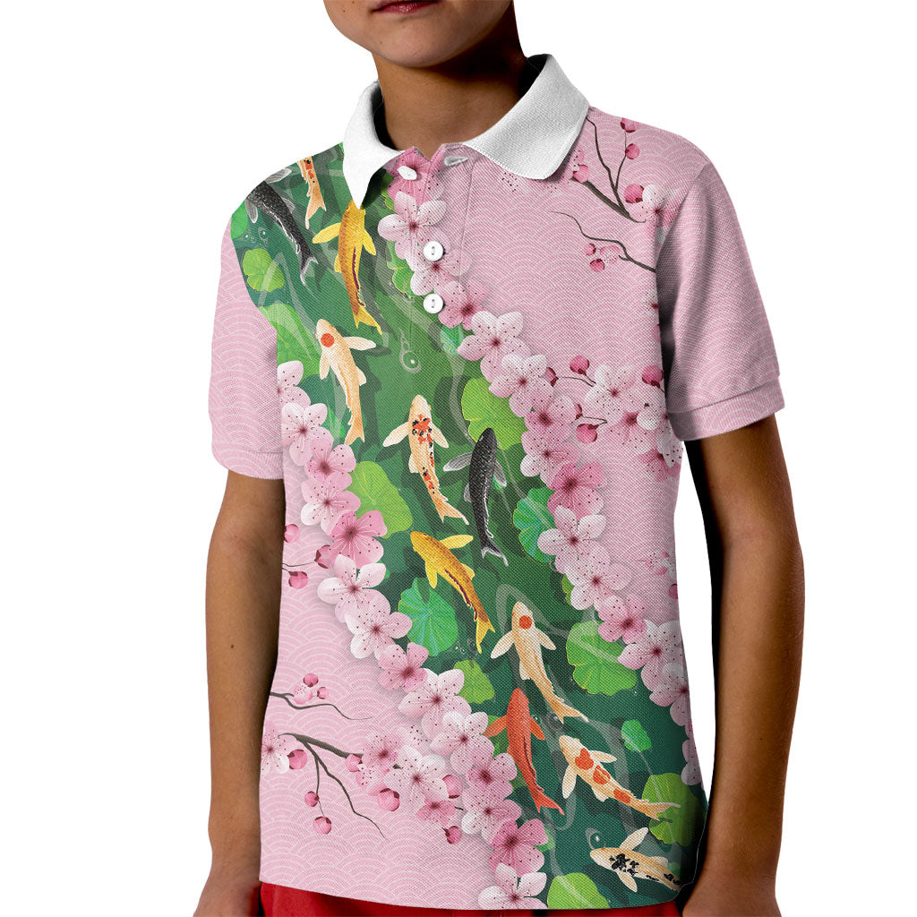 Koi Fish Sakura Japan Kid Polo Shirt Eternal Flow Cherry Blossom Seigaiha Pattern