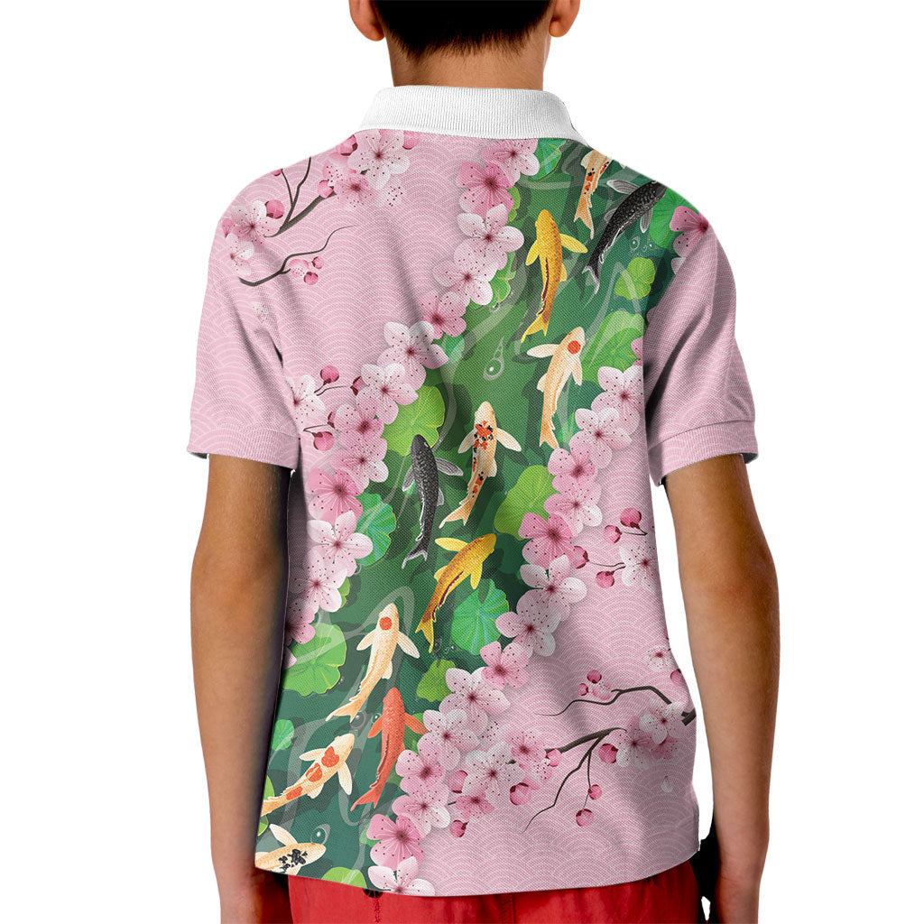 Koi Fish Sakura Japan Kid Polo Shirt Eternal Flow Cherry Blossom Seigaiha Pattern