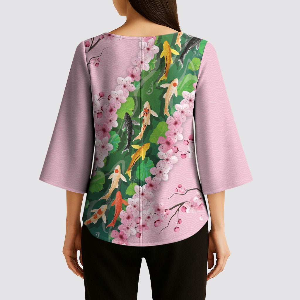 Koi Fish Sakura Japan Kimono Sleeve Blouse Eternal Flow Cherry Blossom Seigaiha Pattern