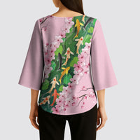Koi Fish Sakura Japan Kimono Sleeve Blouse Eternal Flow Cherry Blossom Seigaiha Pattern