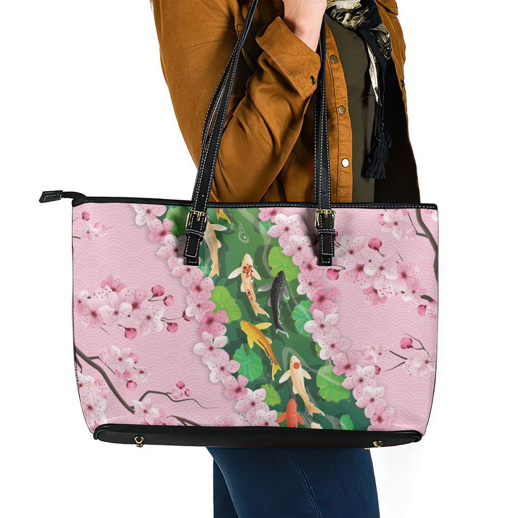 Koi Fish Sakura Japan Leather Tote Bag Eternal Flow Cherry Blossom Seigaiha Pattern
