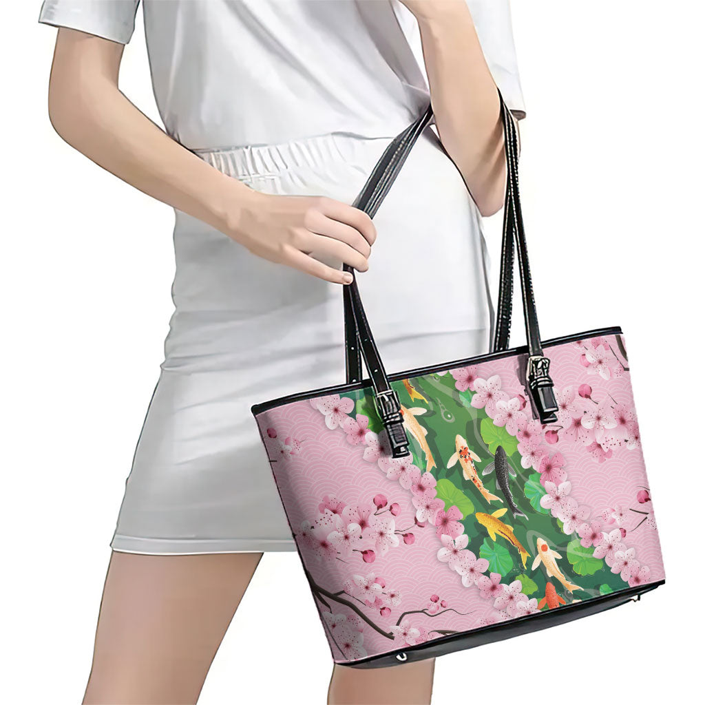 Koi Fish Sakura Japan Leather Tote Bag Eternal Flow Cherry Blossom Seigaiha Pattern