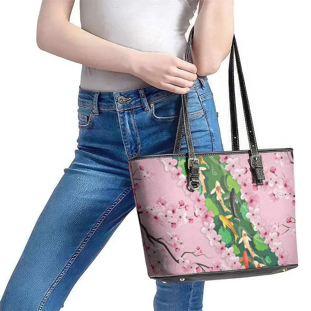 Koi Fish Sakura Japan Leather Tote Bag Eternal Flow Cherry Blossom Seigaiha Pattern