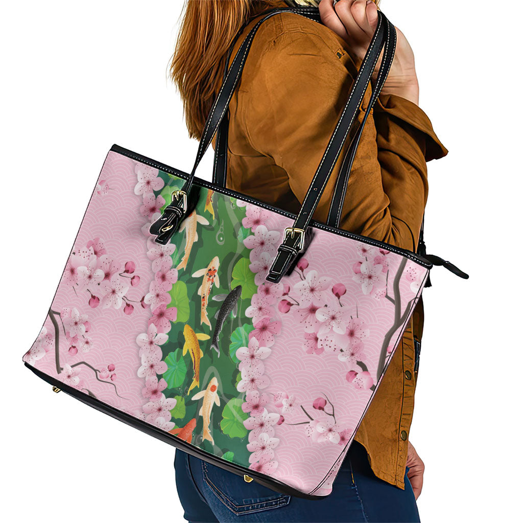 Koi Fish Sakura Japan Leather Tote Bag Eternal Flow Cherry Blossom Seigaiha Pattern