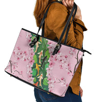 Koi Fish Sakura Japan Leather Tote Bag Eternal Flow Cherry Blossom Seigaiha Pattern