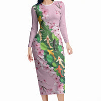 Koi Fish Sakura Japan Long Sleeve Bodycon Dress Eternal Flow Cherry Blossom Seigaiha Pattern