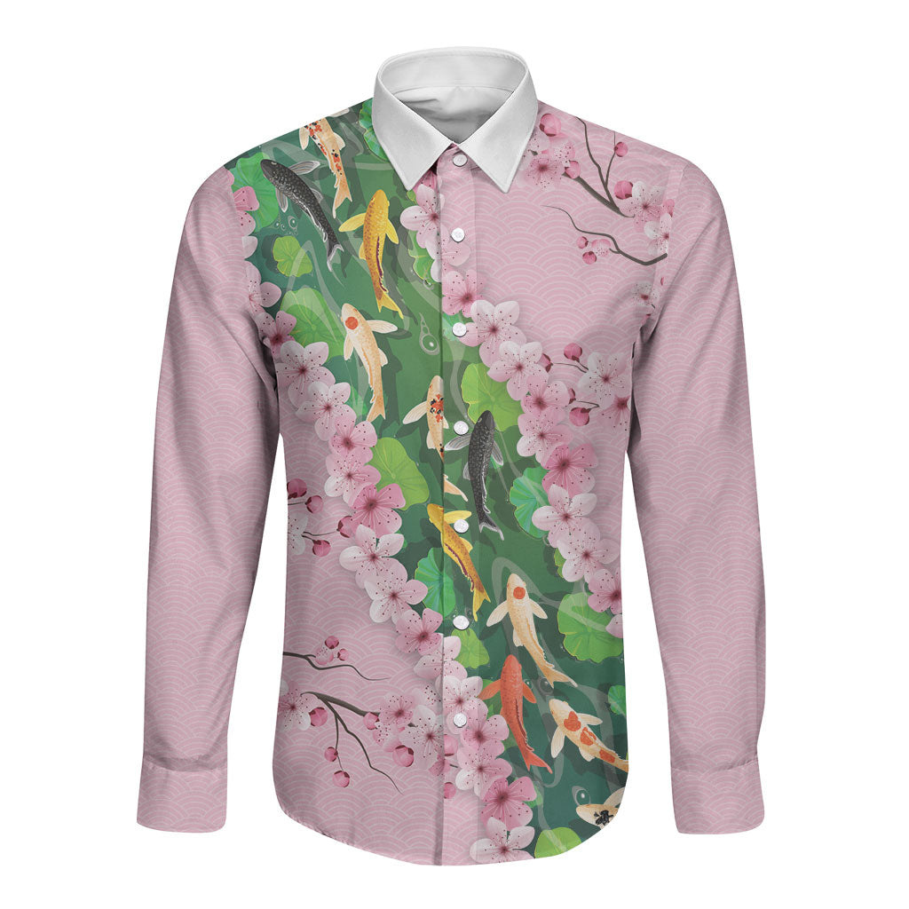 Koi Fish Sakura Japan Long Sleeve Button Shirt Eternal Flow Cherry Blossom Seigaiha Pattern LT14 Unisex Pink - Polynesian Pride