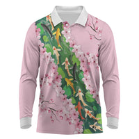 Koi Fish Sakura Japan Long Sleeve Polo Shirt Eternal Flow Cherry Blossom Seigaiha Pattern