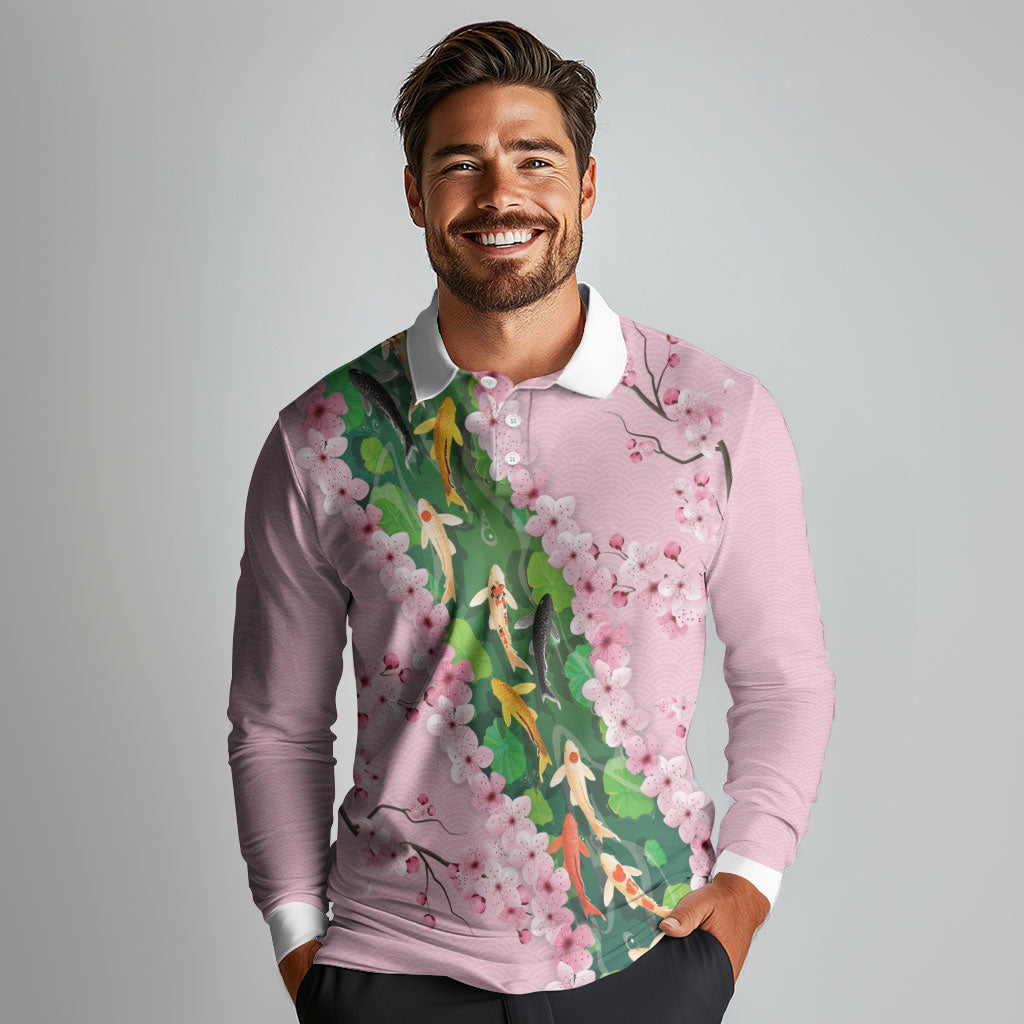 Koi Fish Sakura Japan Long Sleeve Polo Shirt Eternal Flow Cherry Blossom Seigaiha Pattern