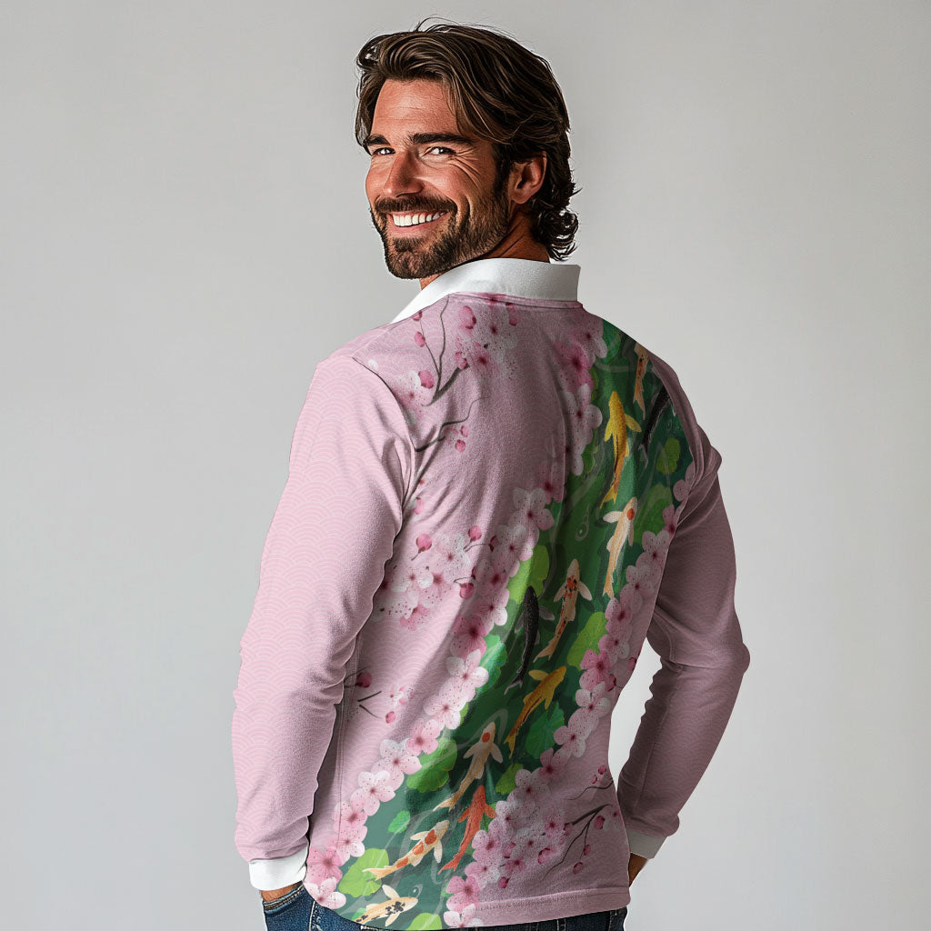 Koi Fish Sakura Japan Long Sleeve Polo Shirt Eternal Flow Cherry Blossom Seigaiha Pattern