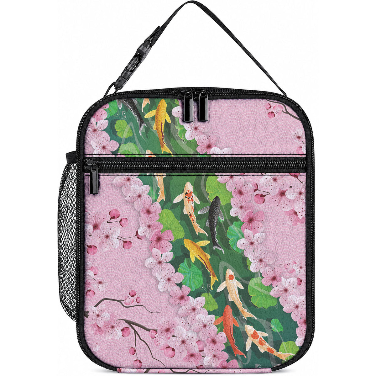 Koi Fish Sakura Japan Lunch Bag Eternal Flow Cherry Blossom Seigaiha Pattern