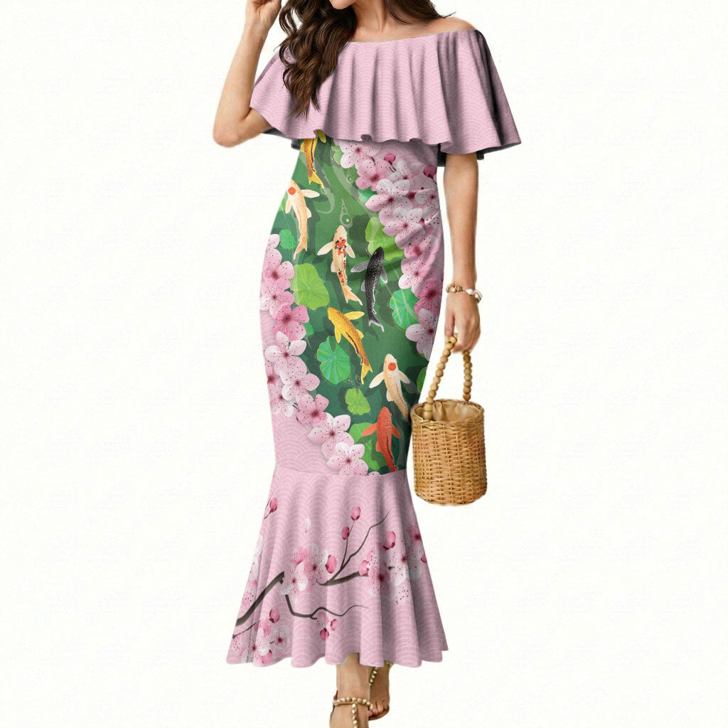 Koi Fish Sakura Japan Mermaid Dress Eternal Flow Cherry Blossom Seigaiha Pattern