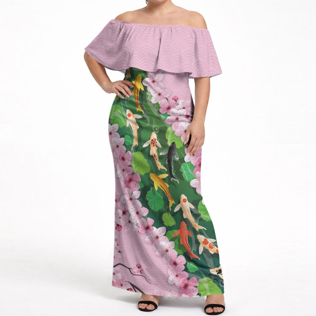 Koi Fish Sakura Japan Off Shoulder Maxi Dress Eternal Flow Cherry Blossom Seigaiha Pattern
