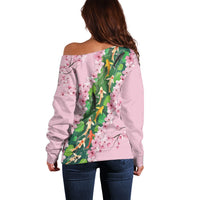 Koi Fish Sakura Japan Off Shoulder Sweater Eternal Flow Cherry Blossom Seigaiha Pattern