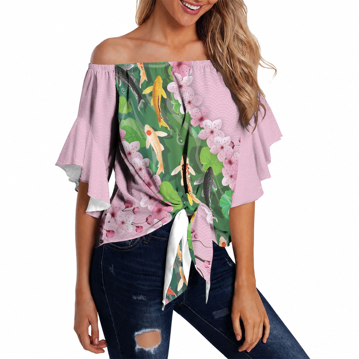 Koi Fish Sakura Japan Off Shoulder Wrap Waist Top Eternal Flow Cherry Blossom Seigaiha Pattern