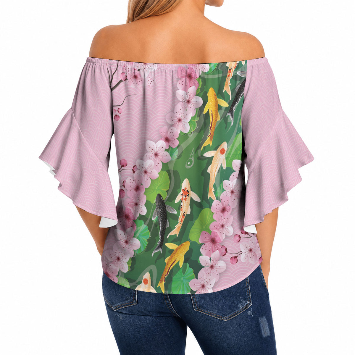 Koi Fish Sakura Japan Off Shoulder Wrap Waist Top Eternal Flow Cherry Blossom Seigaiha Pattern