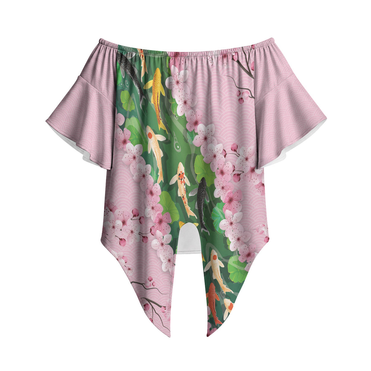 Koi Fish Sakura Japan Off Shoulder Wrap Waist Top Eternal Flow Cherry Blossom Seigaiha Pattern