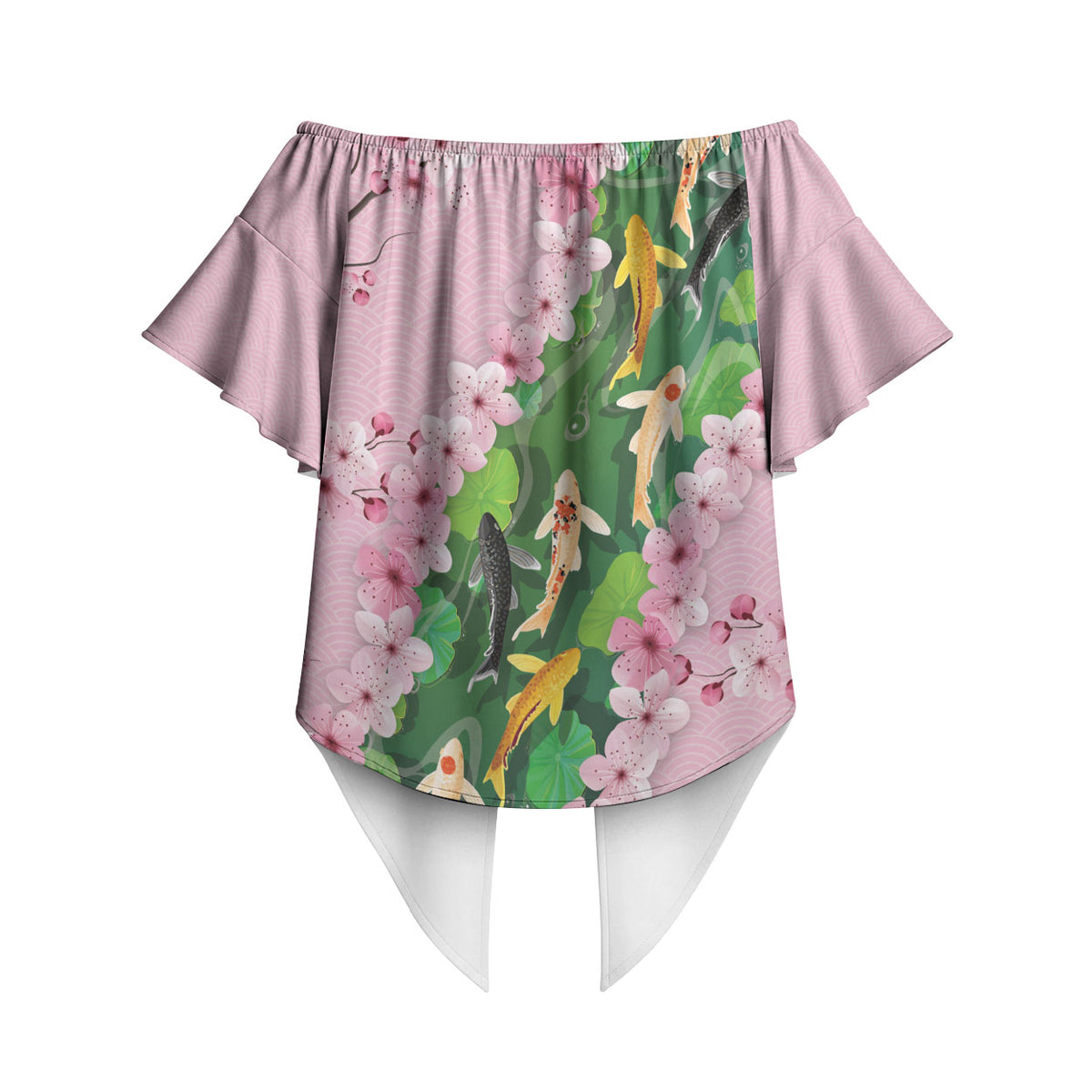 Koi Fish Sakura Japan Off Shoulder Wrap Waist Top Eternal Flow Cherry Blossom Seigaiha Pattern