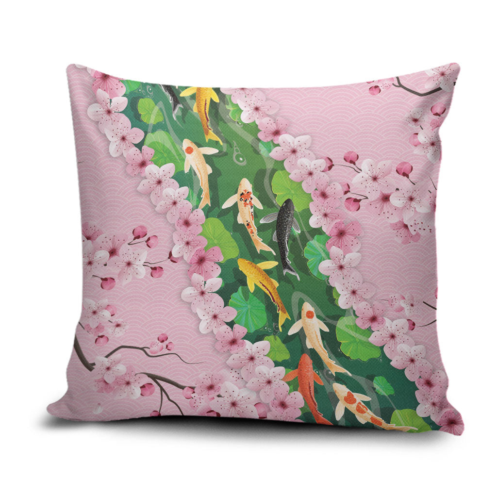 Koi Fish Sakura Japan Pillow Cover Eternal Flow Cherry Blossom Seigaiha Pattern