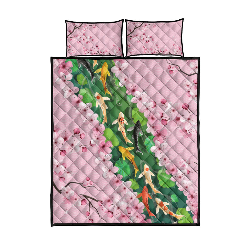 Koi Fish Sakura Japan Quilt Bed Set Eternal Flow Cherry Blossom Seigaiha Pattern