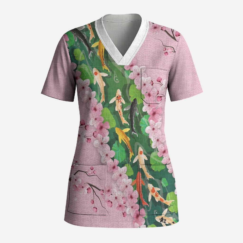 Koi Fish Sakura Japan Scrub Top Eternal Flow Cherry Blossom Seigaiha Pattern