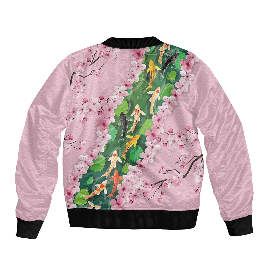 Koi Fish Sakura Japan Sleeve Zip Bomber Jacket Eternal Flow Cherry Blossom Seigaiha Pattern
