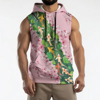 Koi Fish Sakura Japan Sleeveless Hoodie Eternal Flow Cherry Blossom Seigaiha Pattern